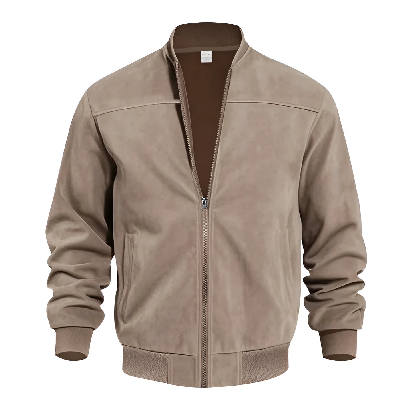 Men's plus size suede jacket in army green with regular fit and cotton lining, sizes S to XXXL.