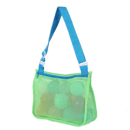 Blue children's drawstring travel storage bag made of nylon mesh for organising toys and clothes.