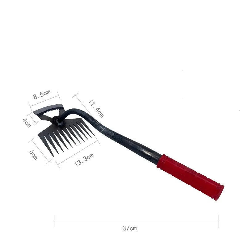 Alloy steel dual-purpose garden hoe and rake tool with multiple tooth configurations for digging and soil preparation