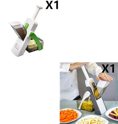 Orange multifunctional vegetable cutter kitchen tool with mandoline blades on a countertop.