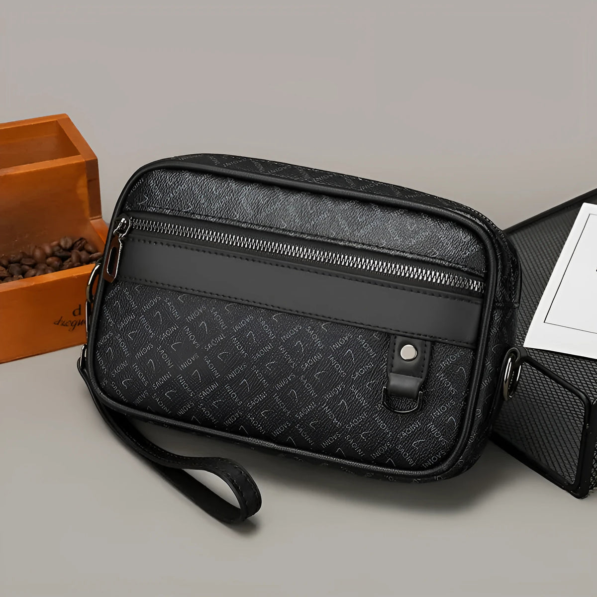 Men's casual geometric pattern messenger bag in PU leather with large capacity.