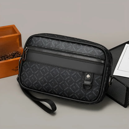 Men's casual geometric pattern messenger bag in PU leather with large capacity.