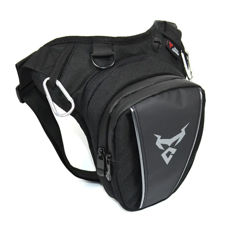0105MC motorcycle leg bag in 1200D Oxford cloth shown in grey colour with crossbody strap