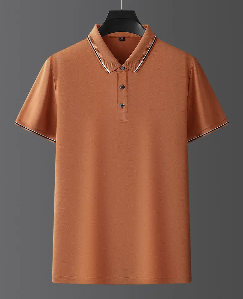 Men's mulberry silk short sleeve shirt in a solid colour on a hanger, showing regular fit and thin fabric for summer