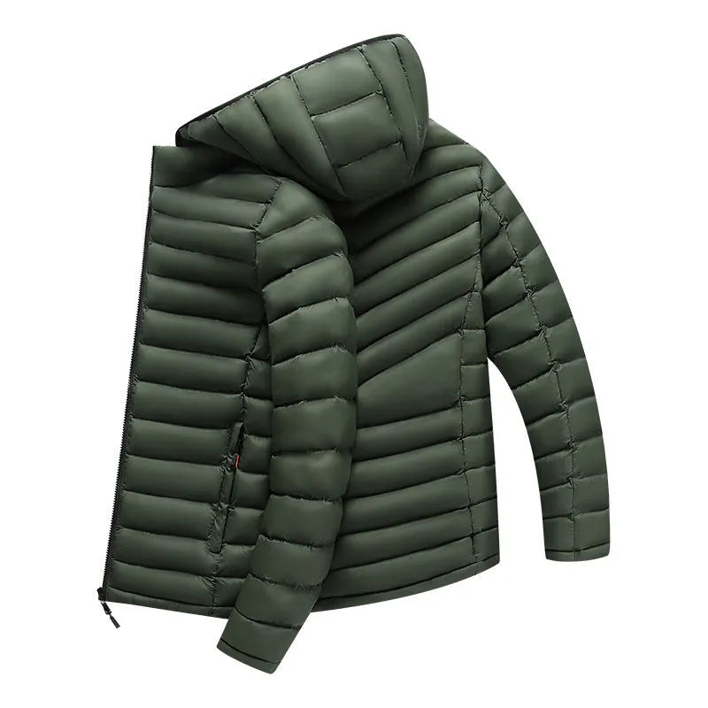 Men's solid-colour hooded down jacket with a detachable collar and zippered pockets.