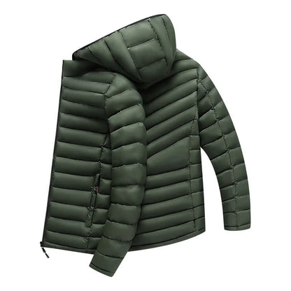 Men's solid-colour hooded down jacket with a detachable collar and zippered pockets.