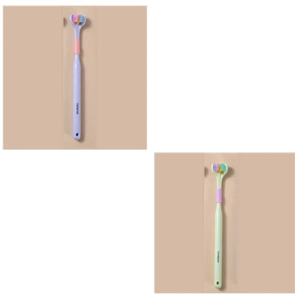 A soft bristle toothbrush with a unique triple-sided brush head for deep cleaning and customizable bristle firmness.