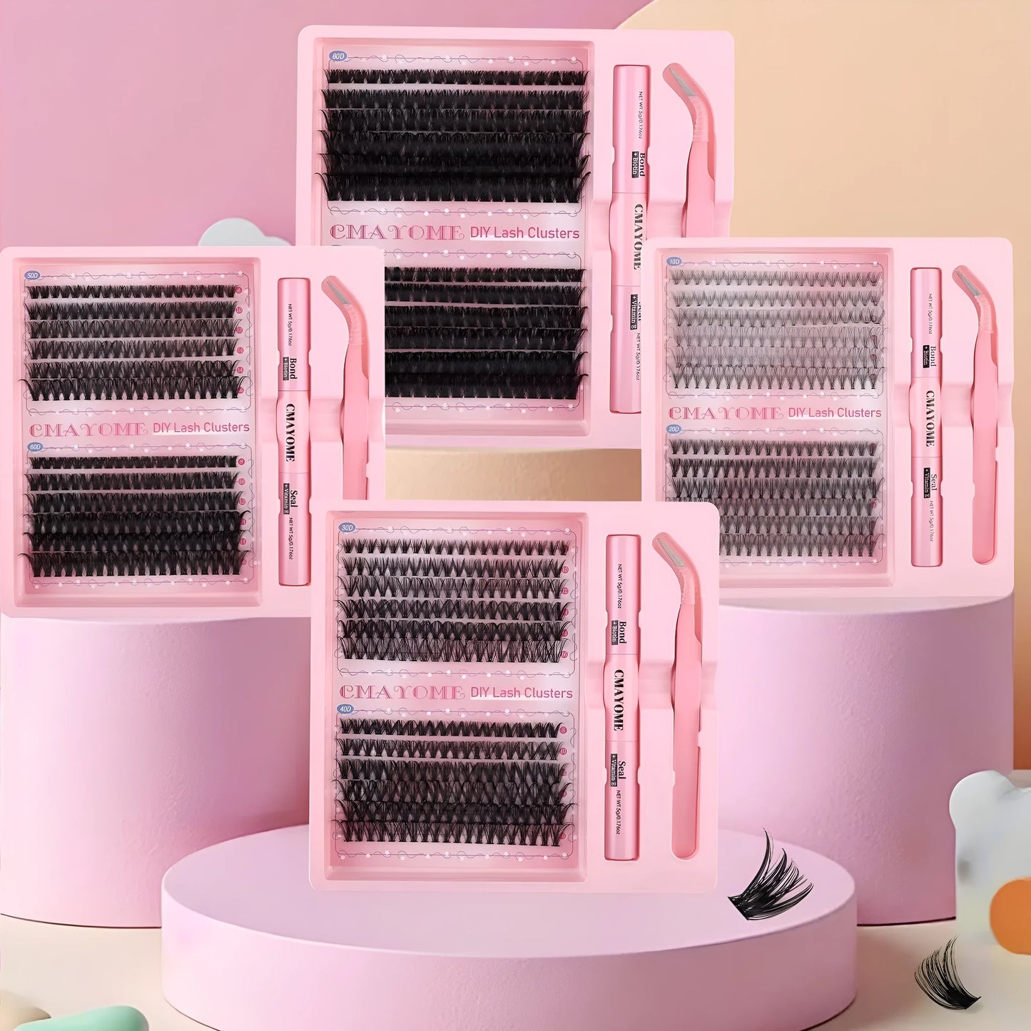 DIY single cluster false eyelashes set showing artificial fibre lashes in a natural thick, mixed split style.