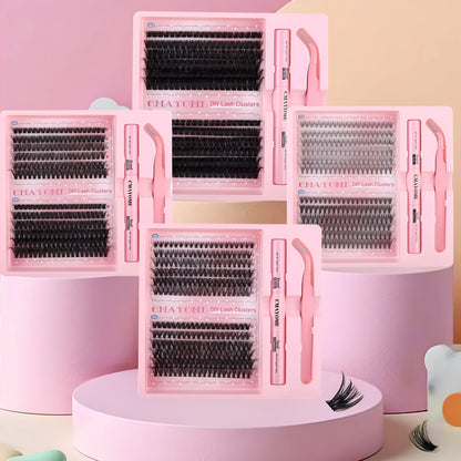 DIY single cluster false eyelashes set showing artificial fibre lashes in a natural thick, mixed split style.