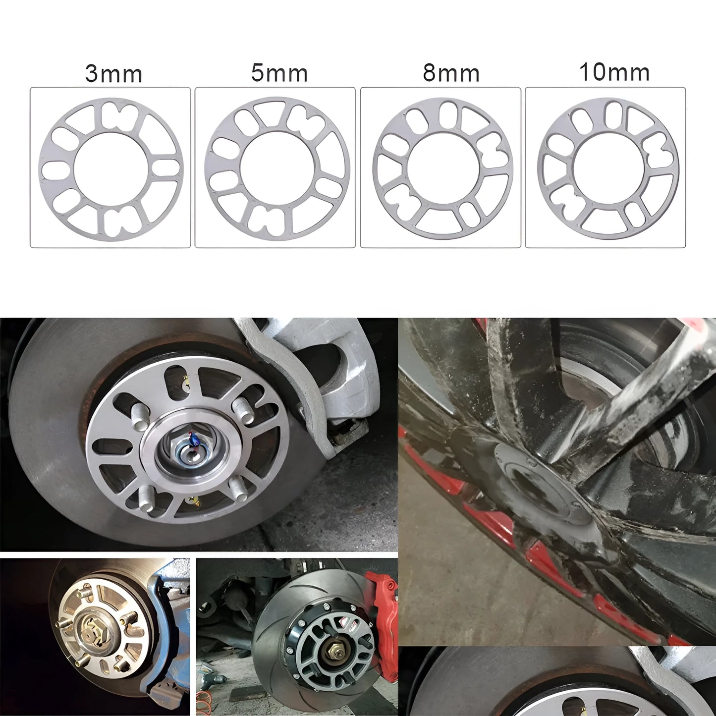 A metal hub widening gasket or spacer for car wheels, shown with thickness options of 3mm, 5mm, 8mm, and 10mm.