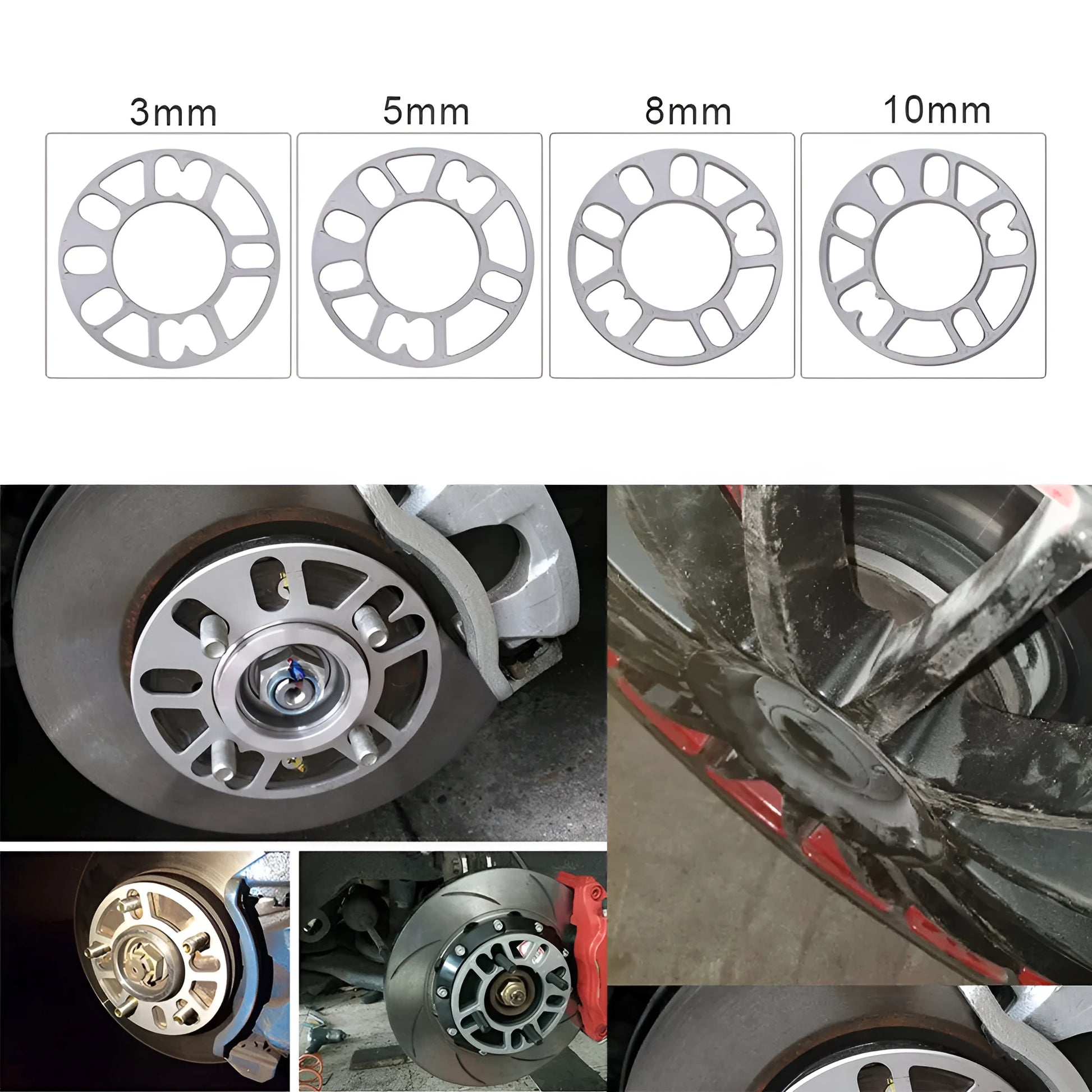 A metal hub widening gasket or spacer for car wheels, shown with thickness options of 3mm, 5mm, 8mm, and 10mm.