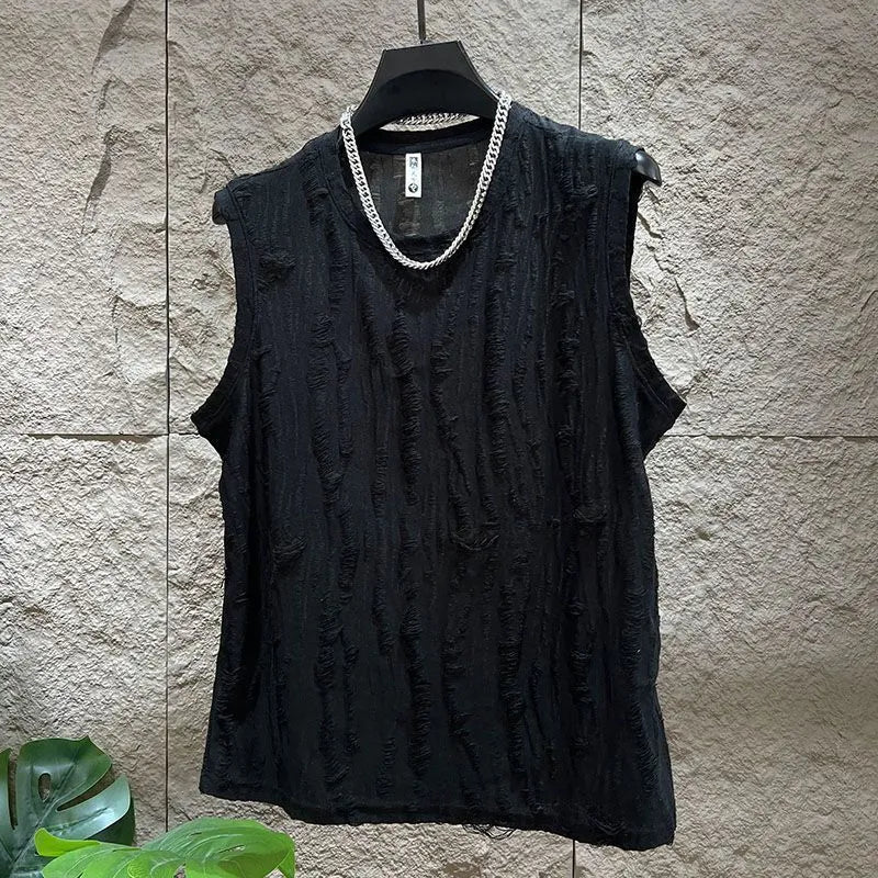 Men's black casual vest suit set with sleeveless top and mid-length trousers on a hanger