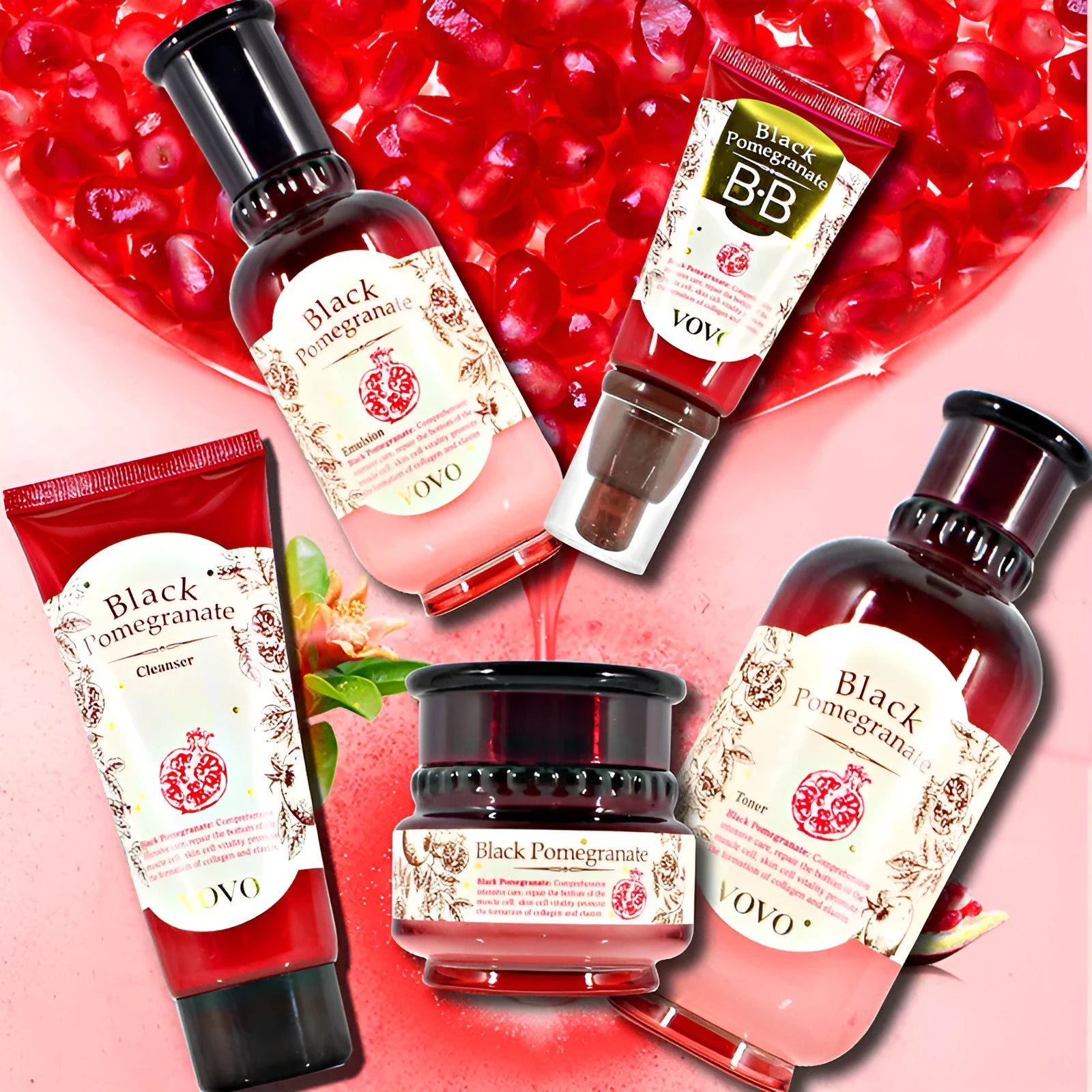 Six-piece pomegranate skin care set showing cleanser, milk, water, cream, essence, and eye cream products