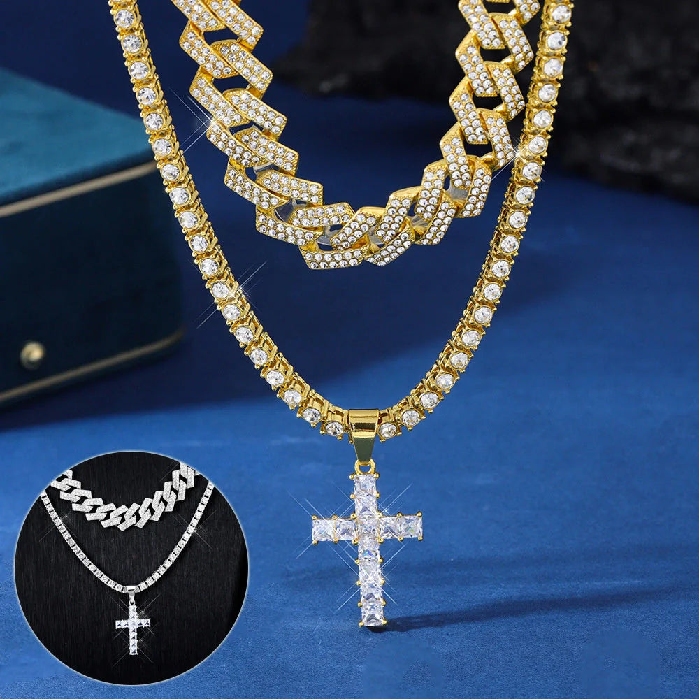 Zircon Cross Pendant Necklace with Cuban Chain in gold and silver options