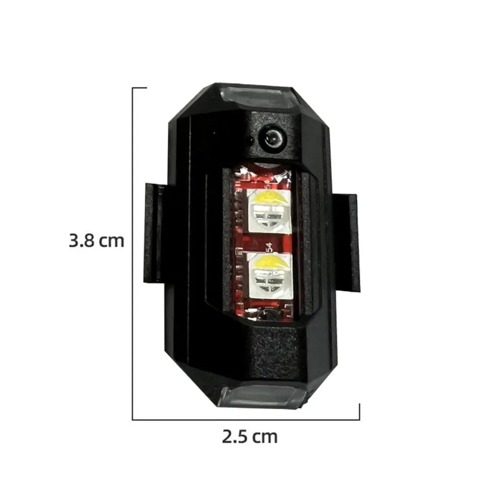 Universal drone strobe light with 7 colour LED, USB Type-C cable, and mounting tape on a white background.