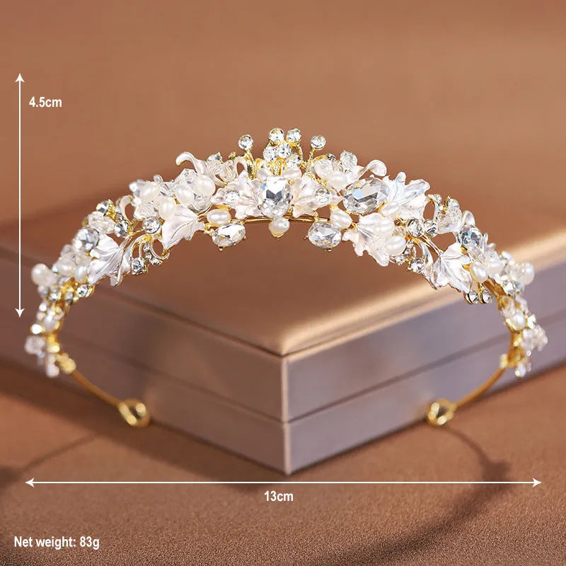 Women's electroplated pearl crown headdress in gold or silver colour for weddings