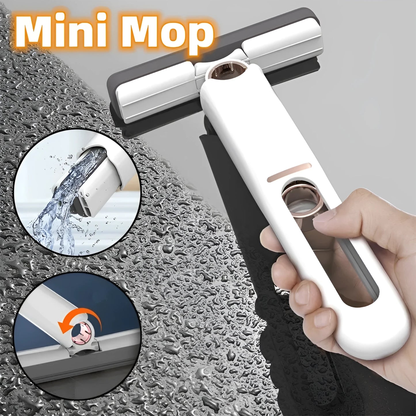 Mini sponge squeeze mop with plastic handle and biodegradable cotton cleaning head on various surfaces