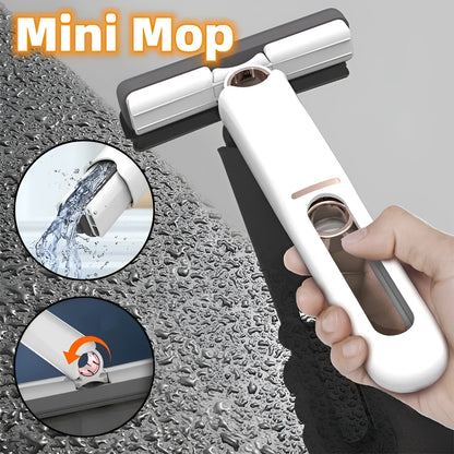 Mini sponge squeeze mop with plastic handle and biodegradable cotton cleaning head on various surfaces