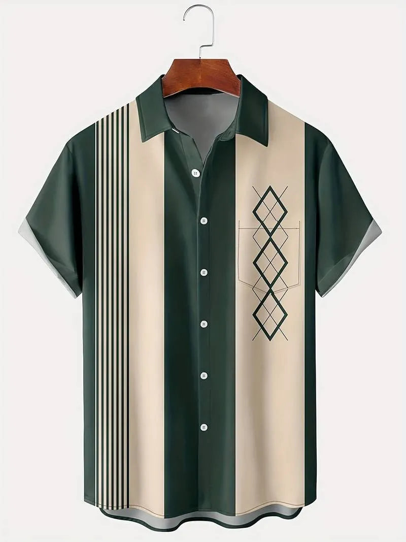 Men's plaid short-sleeve shirt with contrast lapel, shown in a loose cardigan style.