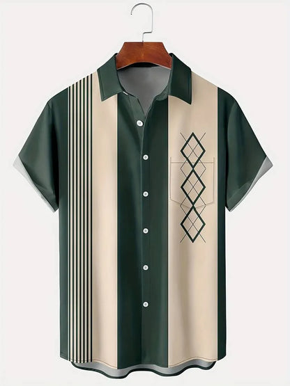 Men's plaid short-sleeve shirt with contrast lapel, shown in a loose cardigan style.