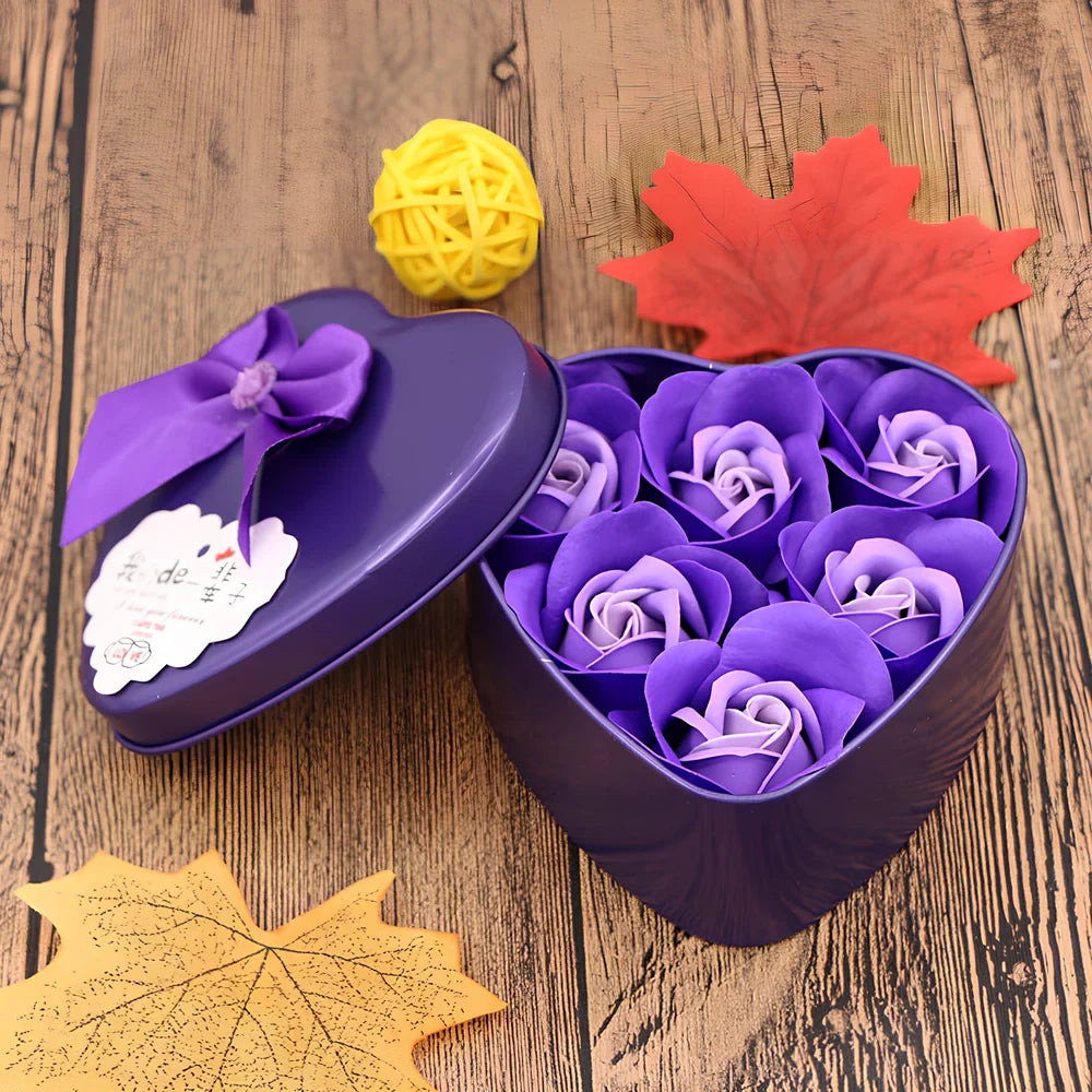 Handmade soap flowers in red heart-shaped tin box measuring 12x12x5cm