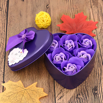 Handmade soap flowers in red heart-shaped tin box measuring 12x12x5cm