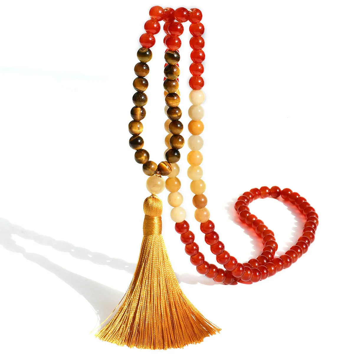 Handmade long necklace with geometric gemstone pendant and tassel on a ball bead chain