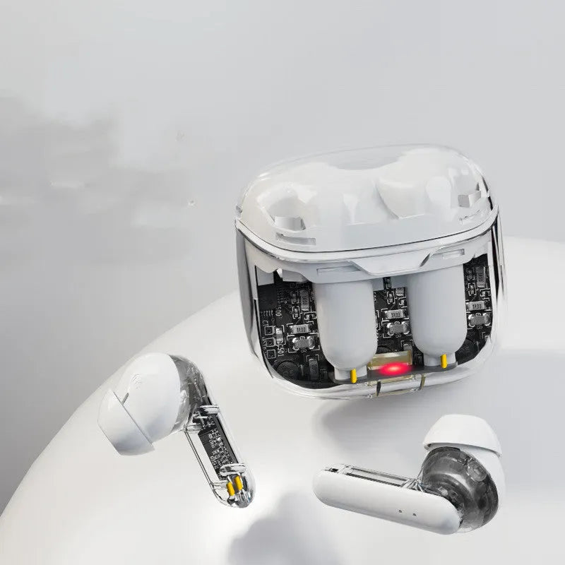 Transparent plastic wireless Bluetooth headset in black, white, or purple colours.