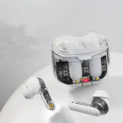 Transparent plastic wireless Bluetooth headset in black, white, or purple colours.