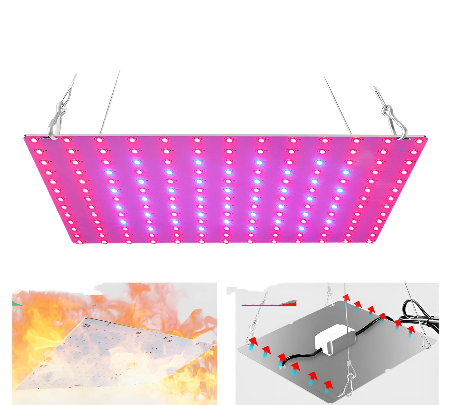 Aluminium LED plant grow light with hook for indoor fruits and vegetables, showing UK plug.