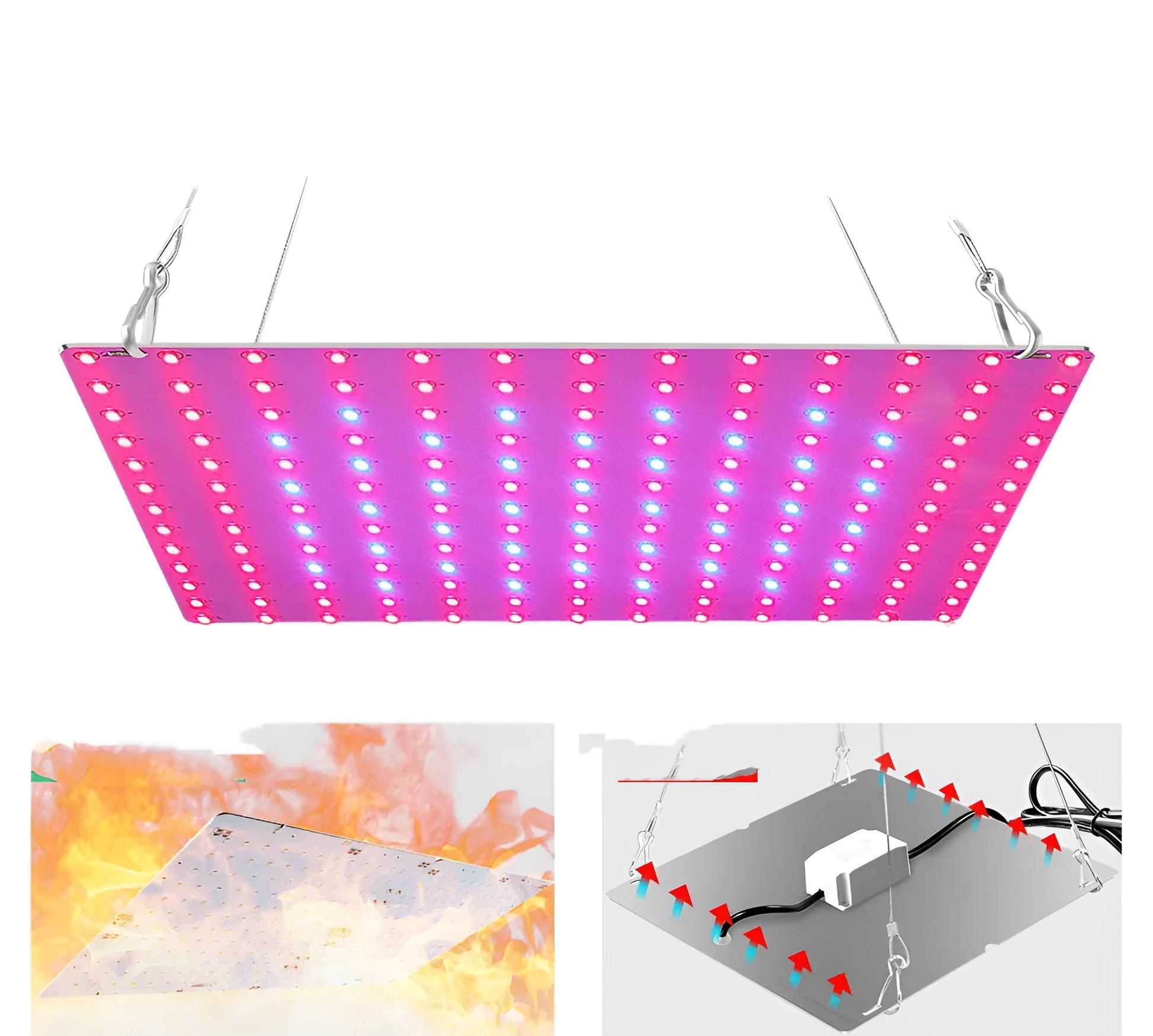 Aluminium LED plant grow light with hook for indoor fruits and vegetables, showing UK plug.