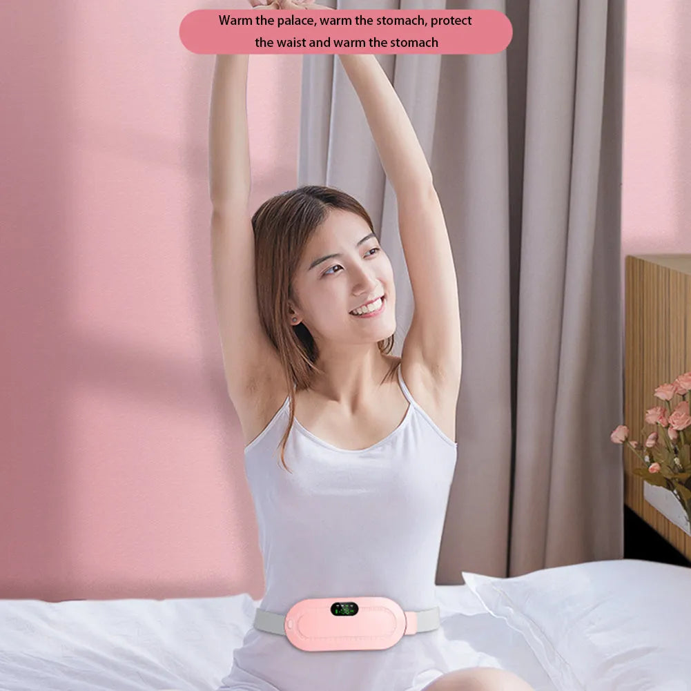 Smart electric heating and vibration massage waist belt with USB charger and screen display controller.