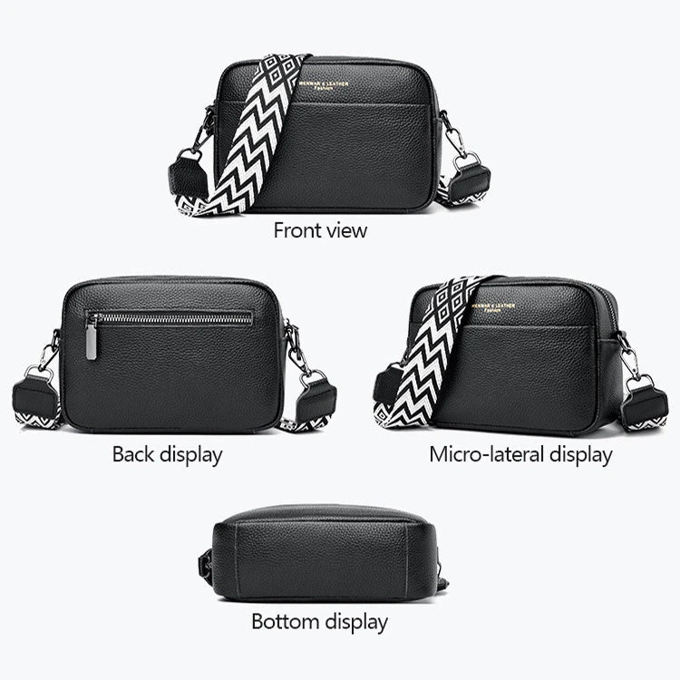 Stylish crossbody bag with rhombus embroidery, wide adjustable shoulder strap, and multiple interior pockets in various color options