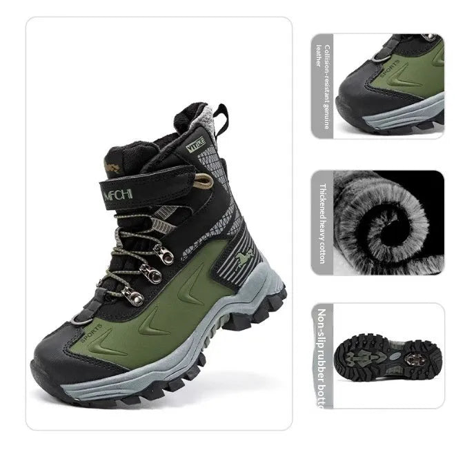 Winter anti-slip snow boots for older children, cow suede nubuck upper, Velcro strap, army green colour