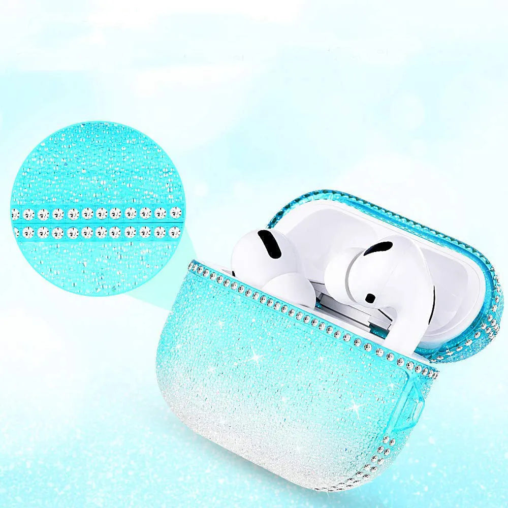 TPU soft rubber rhinestone earphone protective cover for AirPods Pro in gradient black, gradient purple or Turkey blue
