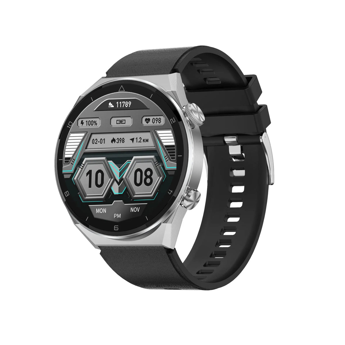 Simple metal smartwatch with black silicone strap and 1.45-inch screen displaying heart rate.