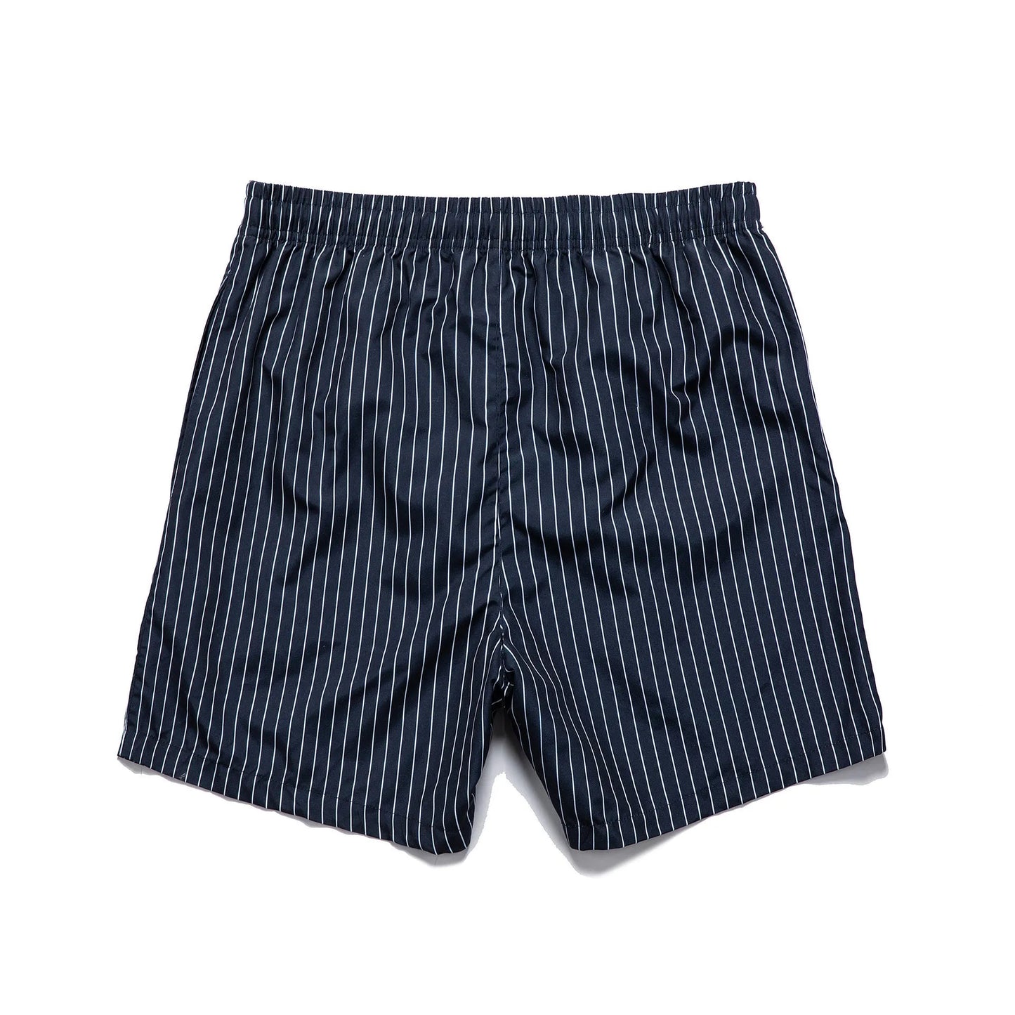 Men's navy blue striped casual shorts with a straight leg opening and triangle lining laid flat.