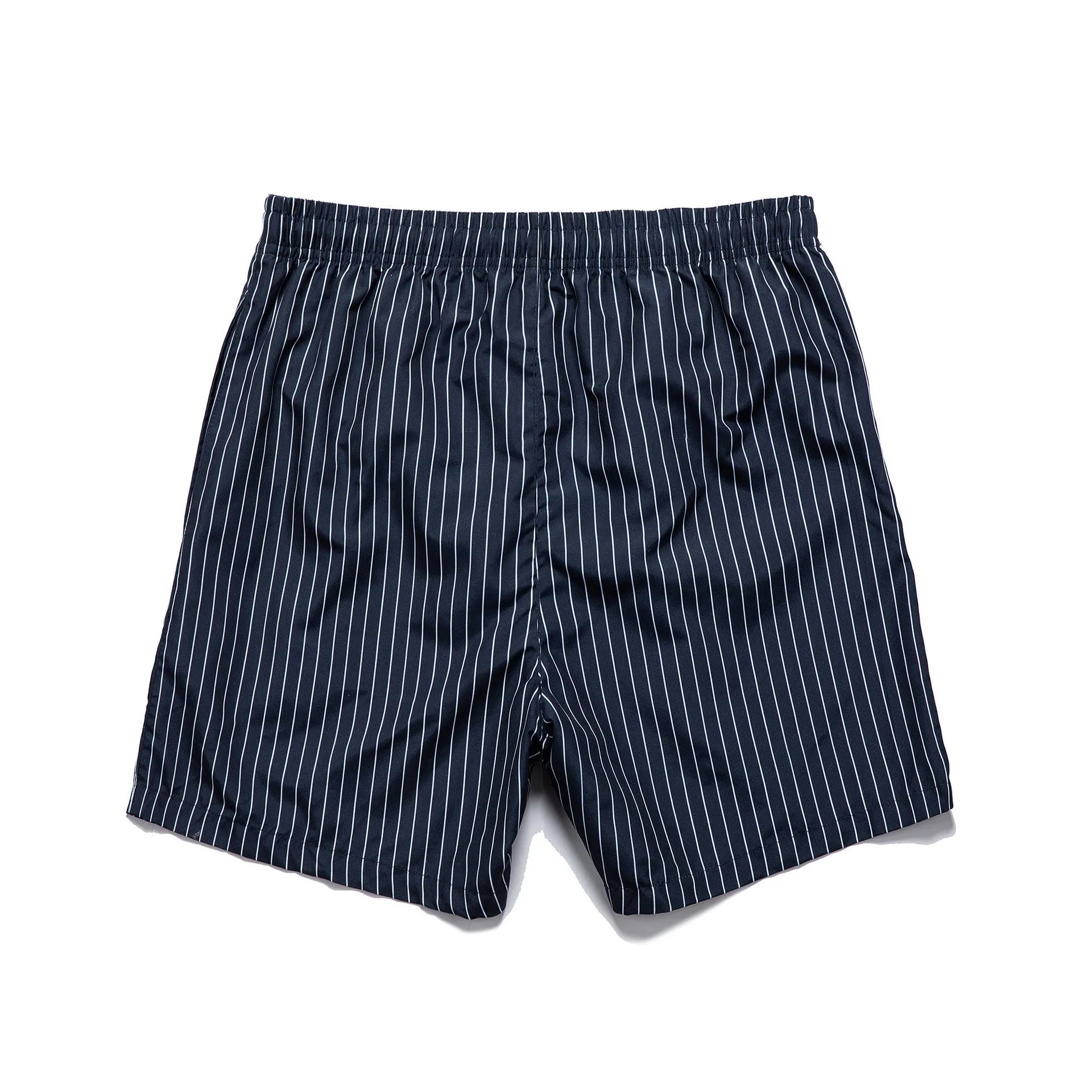 Men's navy blue striped casual shorts with a straight leg opening and triangle lining laid flat.