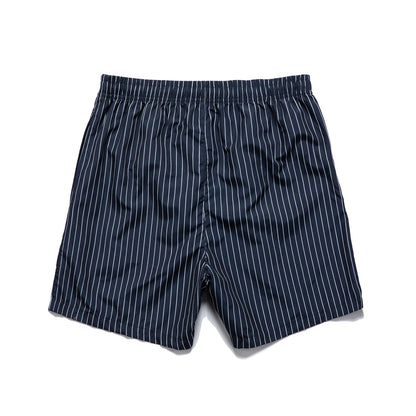 Men's navy blue striped casual shorts with a straight leg opening and triangle lining laid flat.