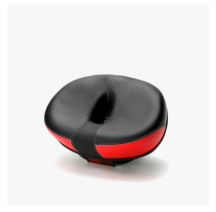 Thickened red mountain bike saddle with reflective details and shock absorber.