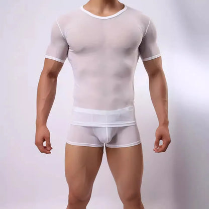 Men's slim fit transparent mesh t-shirt in solid colours on a model.