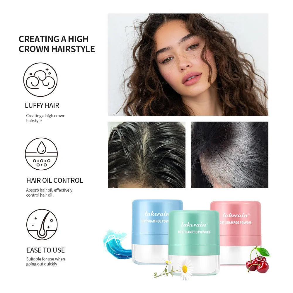 Blue, green, and red sachets of 5g disposable dry shampoo powder with a small mirror for bangs and roots.