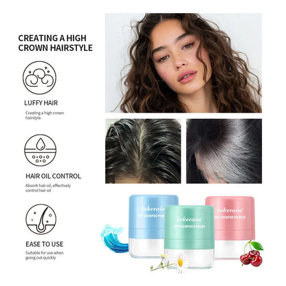 Blue, green, and red sachets of 5g disposable dry shampoo powder with a small mirror for bangs and roots.