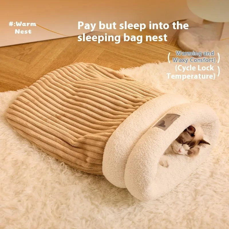 Semi-enclosed plush pet sleeping bag in brown, grey or white, sizes L and M
