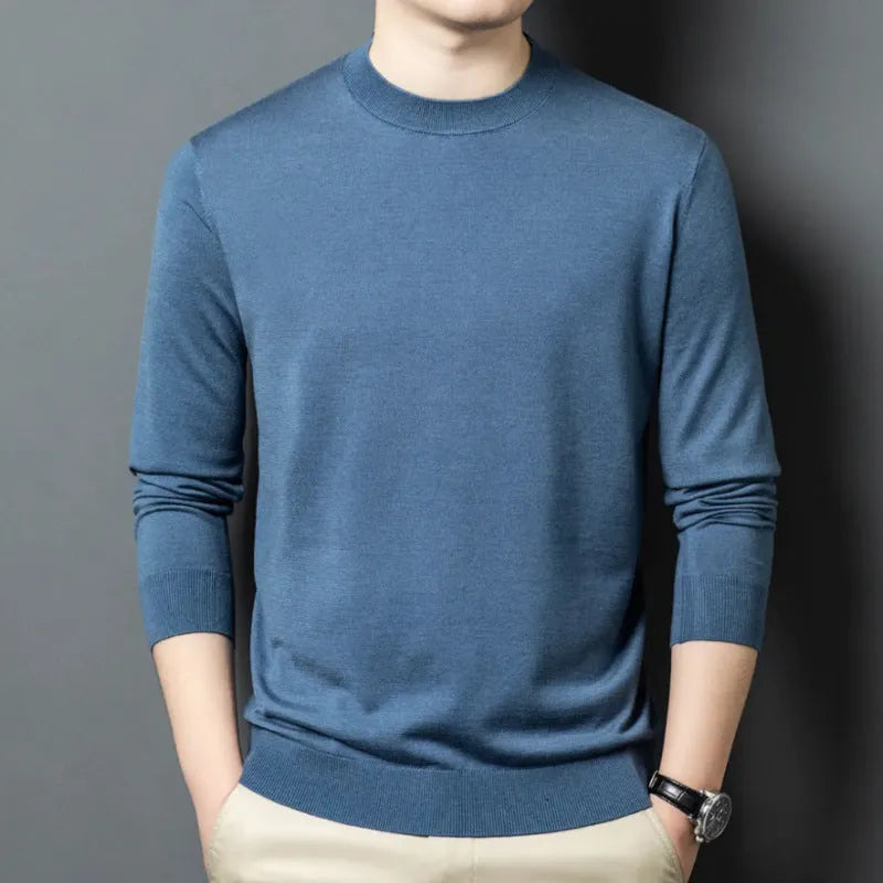 Men's round neck long sleeve pullover sweater in a Mulberry Silk and Wool blend for winter.