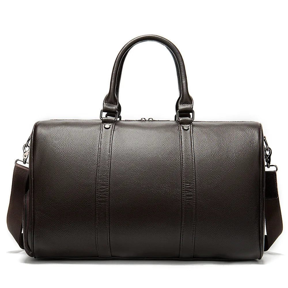 Men's leather excursion tote bag showing 44cm and 55cm size options in black and coffee colours