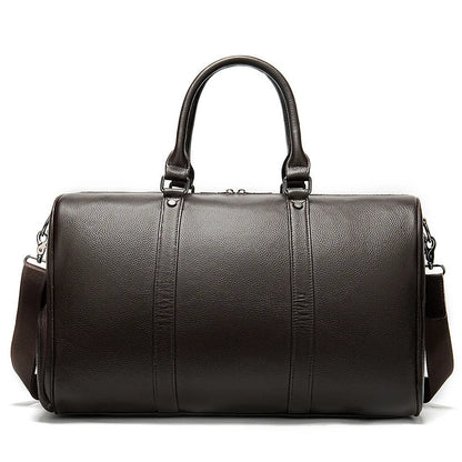 Men's leather excursion tote bag showing 44cm and 55cm size options in black and coffee colours