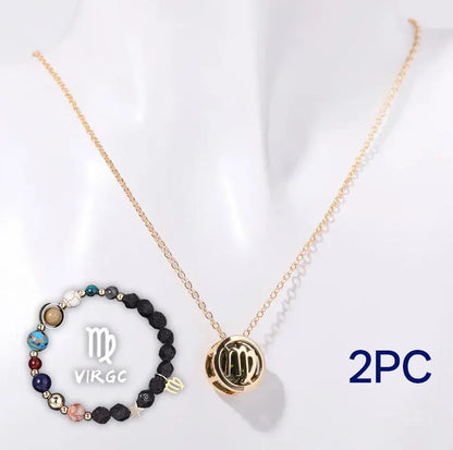 A natural stone beaded necklace and matching bracelet set laid flat, showcasing varied bead colours and textures.