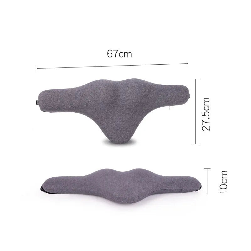 Car neck memory foam pillow with four seasons universal automotive headrest support, ergonomic design in dark grey, fog blue, or grey polyester fabric measuring 67cm x 10cm x 27.5cm for simple comfort during long journeys