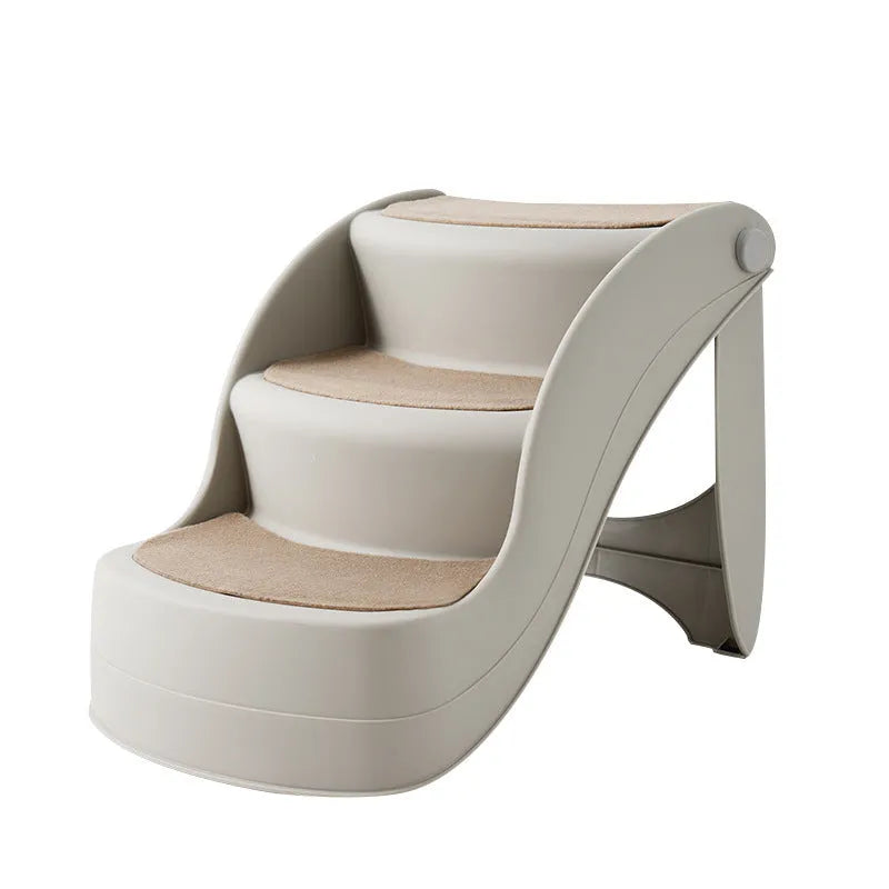 Foldable plastic pet stairs with three thickened steps and non-slip mats in a beige colour.